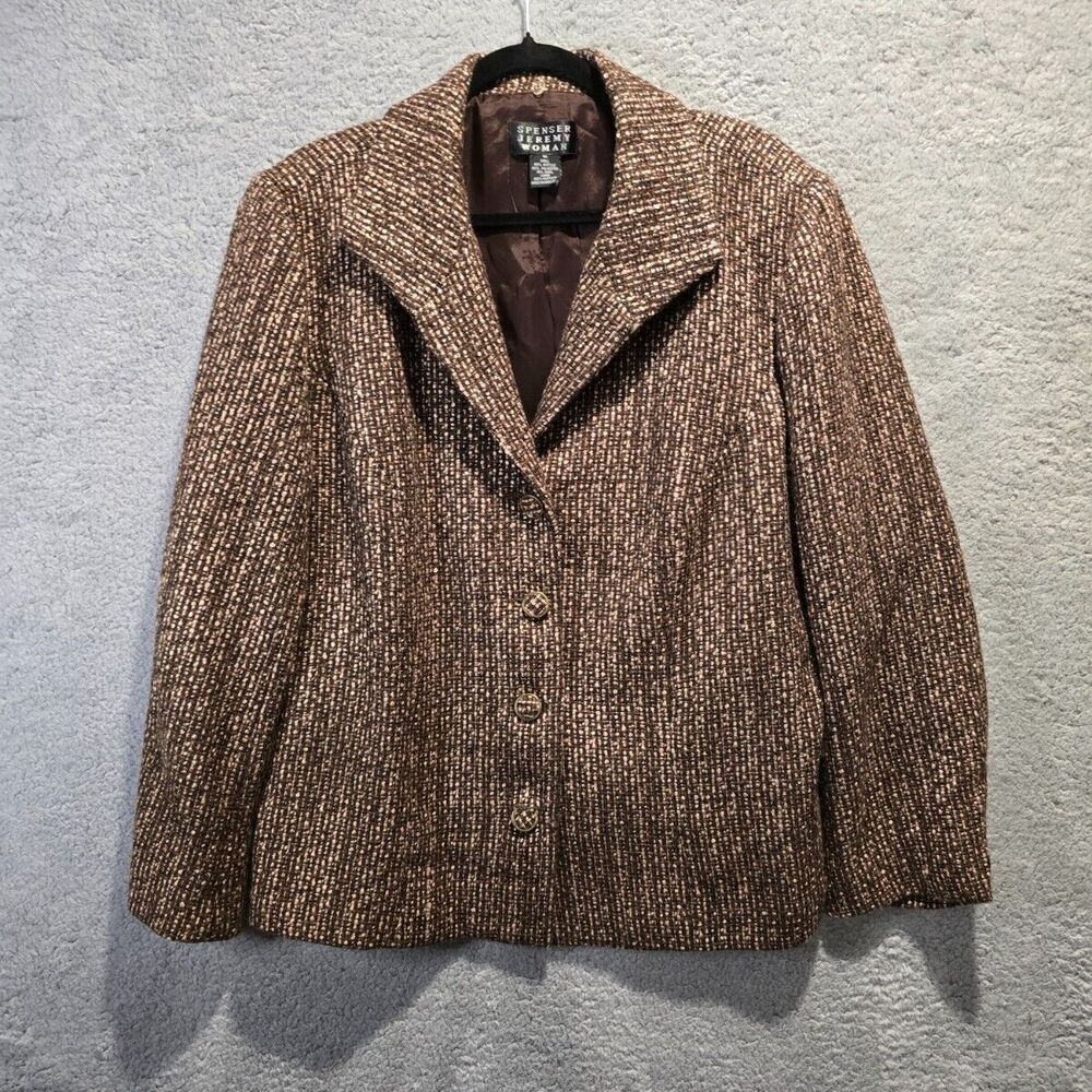 SPENSER‎ JEREMY WOOL TWEED BLAZER WOMENS SZ 1X BROWN LIBRARIAN OFFICECORE